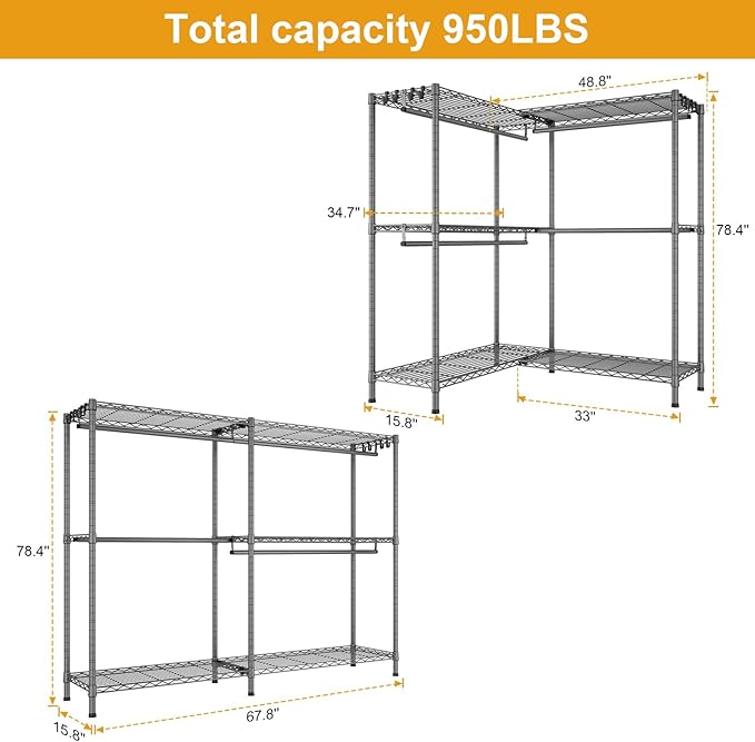 E15 Pro Garment Rack L Shaped Clothes Rack for Corner，Freestanding Clothing Racks for Hanging Clothes，Heavy Duty Closet System with 4 Hanging Rods & 8 S Hooks，48.8"W x 15.8"D x 78.4"H，Grey