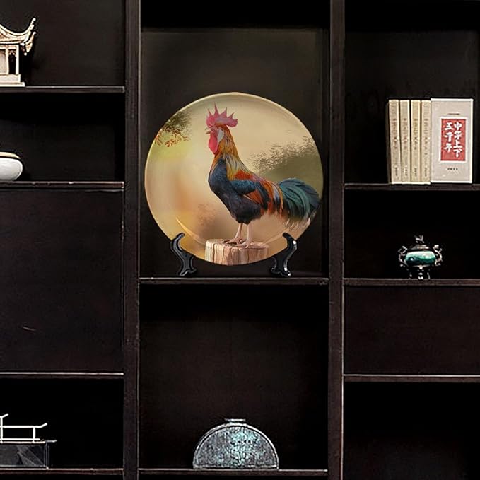 Rooster Decorative Ceramic Plates, 10 Inch, Crowing Cock Round Display Plate, Decorative Plates with Stand, for Kitchen Living Room Office Countertop Decor