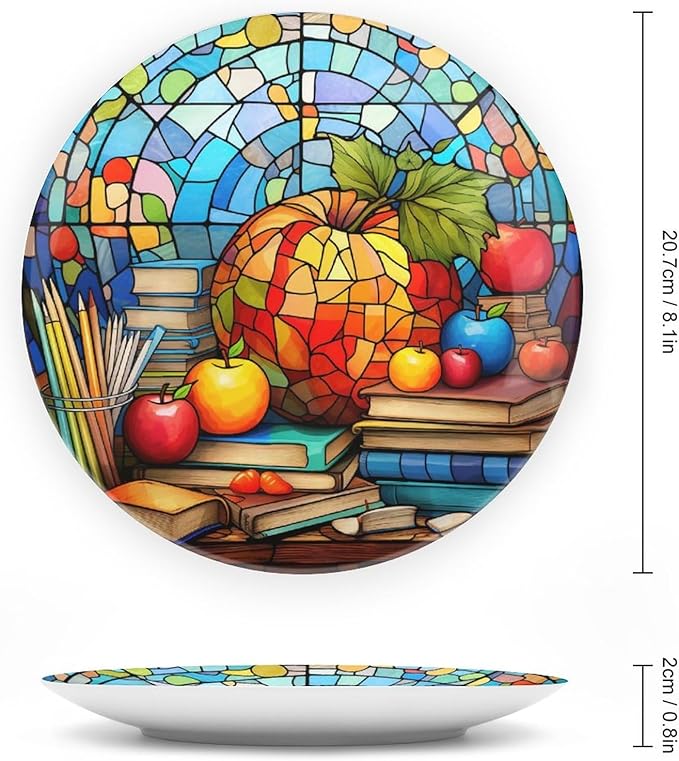 Decorative Plates for Home Decor, Back to School Stained Glass Painting Decor Tray for Table Display, Ceramic Dinner Plate W/ Stand, Living Dining Room Decor, Gifts for Teacher Or Student, 8 Inch