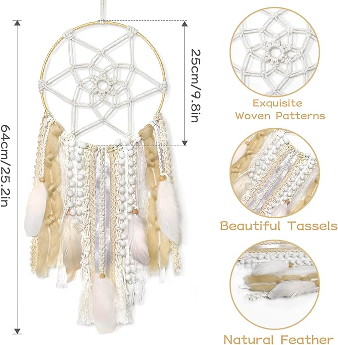 LOMOHOO Large Dream Catcher Handmade Feather Dreamcatcher, Traditional Dream Catchers with Woven Tassels Boho Wall Hanging for Girl Kids Bedroom Baby Room Home Decor Craft Ornament Gift (Champagne)
