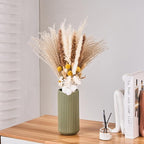 Green Ceramic Flower Vase for Pampas Grass, 8 inch Small Decorative Centerpiece Ribbed Vase for Dining Table, Office Desktop, Shelf Bookshelf, Mantel, Entryway, Bathroom, Countertop, Farmhouse, Gift