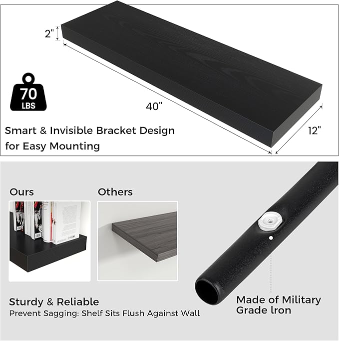 Venusmiles Floating Shelves for Wall, 40" W x 12" D x 2" H, 2 Pack of Long Wall Mounted Engineered Wood Shelves with Invisible Brackets for Living Room, Bedroom, Bathroom, Kitchen Decor, Black