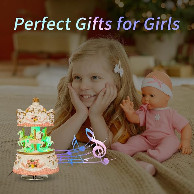 Carousel Music Box for Kids Girls with Colorful Led Lights Luxury Musical Carousel Horse Figurines for Birthday Valentines