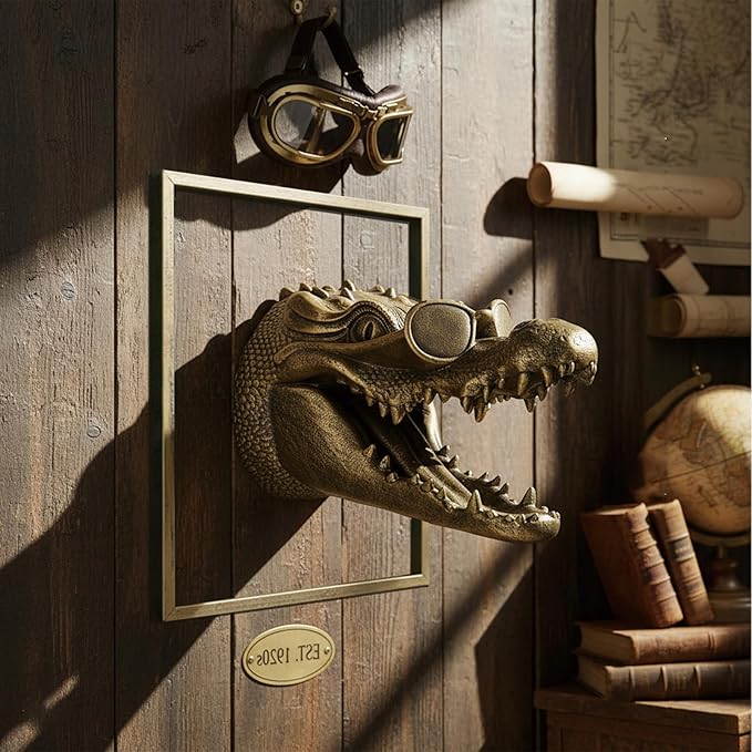 JJALIGHTS Exquisite Resin Animal Head Wall Sculpture (Gift Metal Frame) - Imitation Copper Vintage Decor for Living Room, Bedroom & Office | Decorative Wall Hanging Art (Alligator)