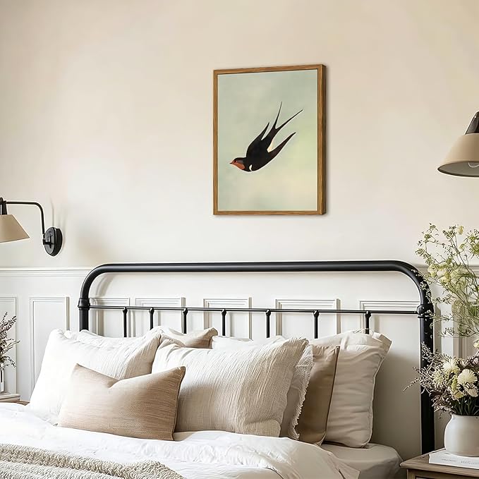 Framed Vintage Bird Wall Art, Sage Green Flying Swallow Pictures Wall Decor, Minimalist Japandi Nature Paintings Canvas Prints Modern Home Decor for Living Room Bedroom Bathroom Office 16x24 Inch