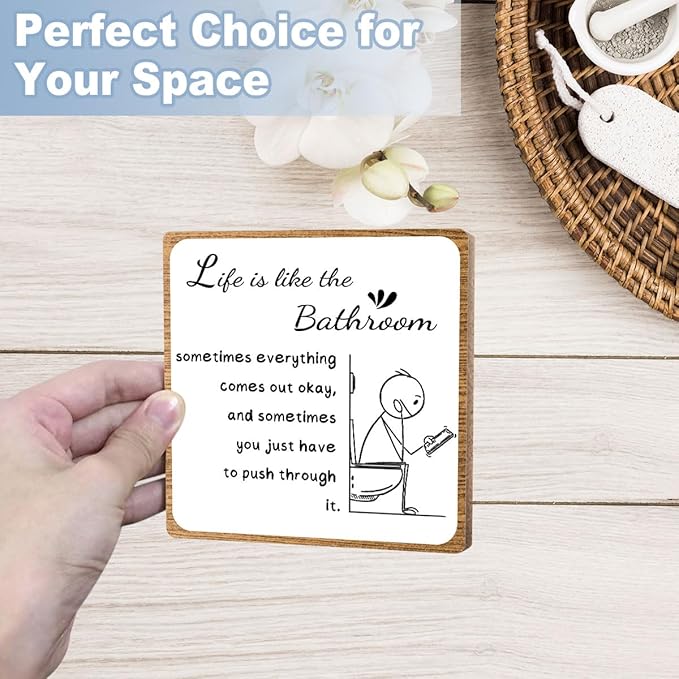 Funny Bathroom Decor, Bathroom Wooden Sign with Stand Decor, Farmhouse Home Toilet Desk Shelf Accessories, Rustic Table Decorations Supplies