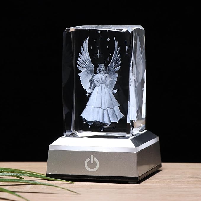 YWHL 3D Crystal Guardian Angel Figurine with Colorful Light Base, Laser Engraved Glass Angel Gifts, Collectible Figurines