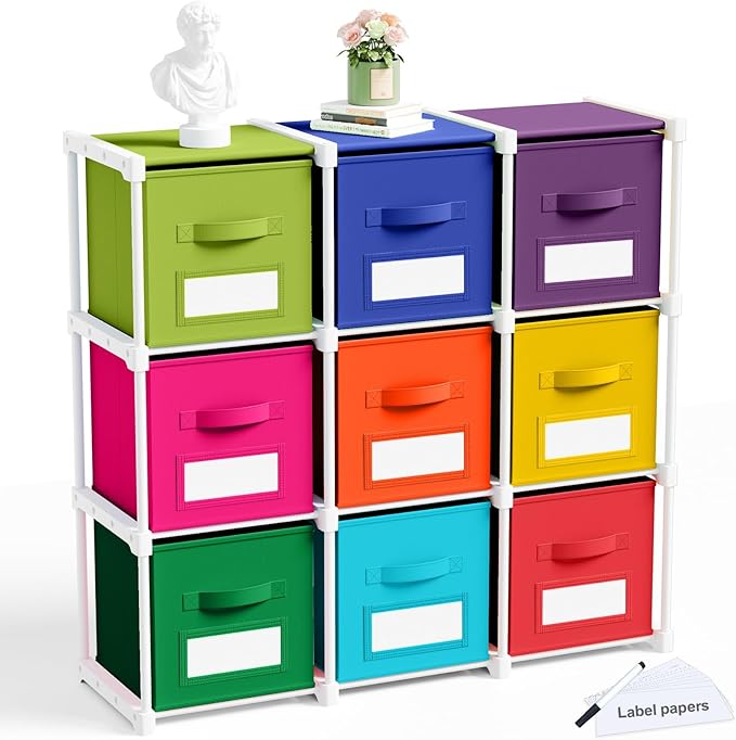 Geelin 9 Cube Toys Storage Organizer with Fabric Bins and Labels, 11 Inch Collapsible Cubby Storage Drawers Colorful Dresser with Shelf for Playroom Nursery Closet Bedroom Dorm Decor