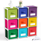 Geelin 9 Cube Toys Storage Organizer with Fabric Bins and Labels, 11 Inch Collapsible Cubby Storage Drawers Colorful Dresser with Shelf for Playroom Nursery Closet Bedroom Dorm Decor
