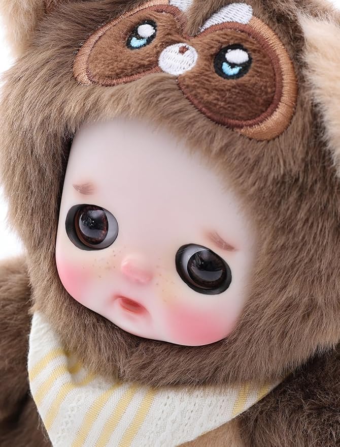 6" Hand-Painted Porcelain Face Doll with Acrylic Cotton Body, Small Ceramic Collectible Doll for Shelf & Desk Decor, Aesthetic Home Display, Collectors & Unique Birthday Gift (Brown)