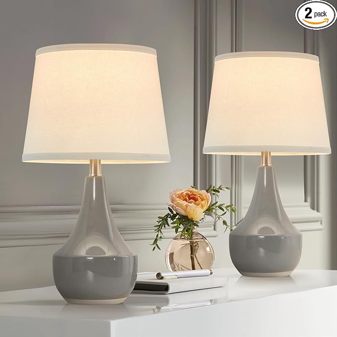 GyroVu 18" Table Lamp Set of 2, Ceramic Table Lamp Classic Beside Lamps Nightstand Lamp Modern Lamp for Living Room, Bedroom & Office Rocker Switch Grey-LED Bulbs Included