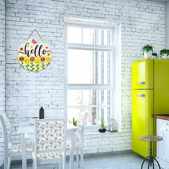 PETCEE Hello Summer Door Sign - 11.5"Farmhouse Sunflower Front Door Decor Welcome Hanger Wreaths for Home Office Summer Hanging Sign Wall Decorations Reusable Seasonal Sign for Kitchen Classroom Porch