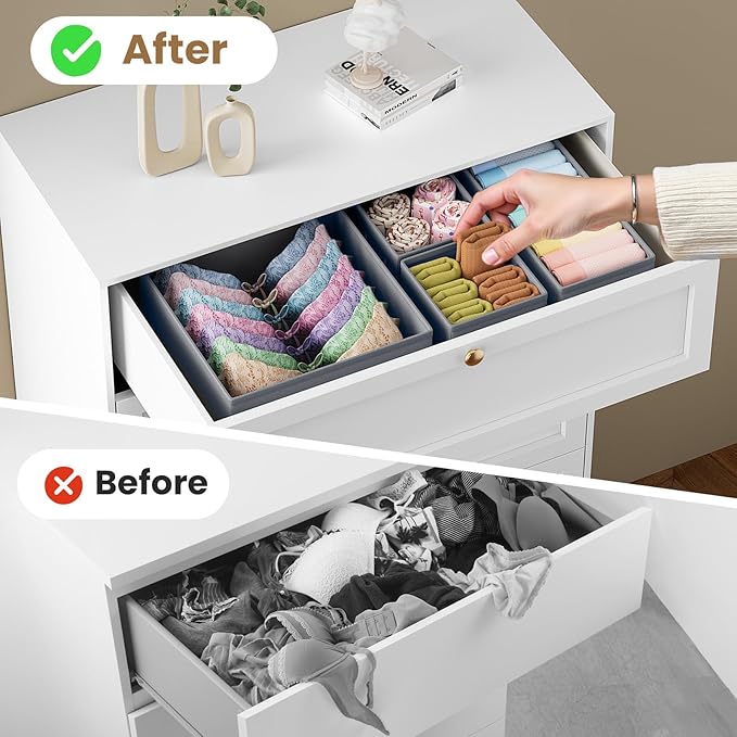 Drawer Organizer Clothes, 16 Pack Drawer Organizers and Underwear Organizer for Nursery, Dividers Clothes Organizer, Closet Organization and Foldable Storage Bins for Socks, Bra, Tie, Grey