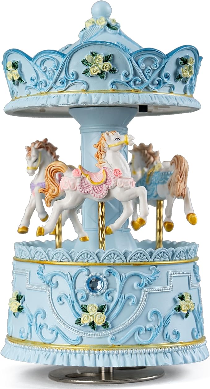 Lighted Rotating Carousel Music Box, Wind Up Musical Merry-Go-Round Figurine, Hand Painted Vintage Blue Collectible Decor, Plays Over The Rainbow, Gift for Girls, Women, Nursery, Bedroom