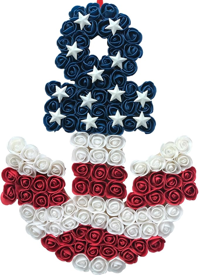 17 Inch Patriotic Red White Blue Anchor Soft Touch Roses Wreath for Front Door, Forth of July American Flag Color Soft Touch Floral Wreath for Indoor and Outdoor, Independence Home Decor