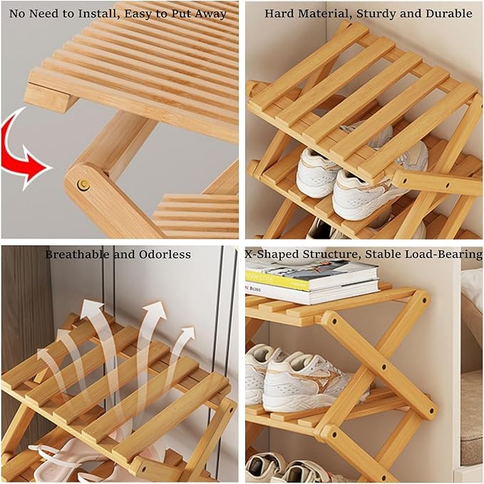 Foldable Shoe Rack, Bamboo Vertical Shoe Organizer Tall for Small Spaces. Multifunctional Narrow Shoe Shelf for Entryway, Closet, Corner, Bedroom, Hallway, Wood Color 6 Layers