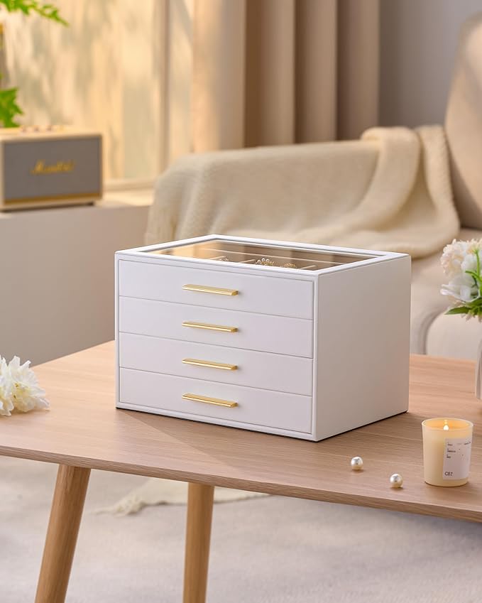 pickpiff Jewelry Box Organizer Case for Women: 4-Layer Jewelry Storage Case with Glass Window, Pure White Leather with Velvet Holder for Ring Necklace Bracelet Brooch Watch, Great Gift for Her
