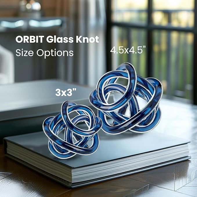 Torre & Tagus Orbit Hand Blown Glass Infinity Knot Sculpture - 3 Inch Glass Art Blue Knot Decor Ball for Home Decor, Small Centerpiece Table Decoration for Home Interior (Indigo Blue)