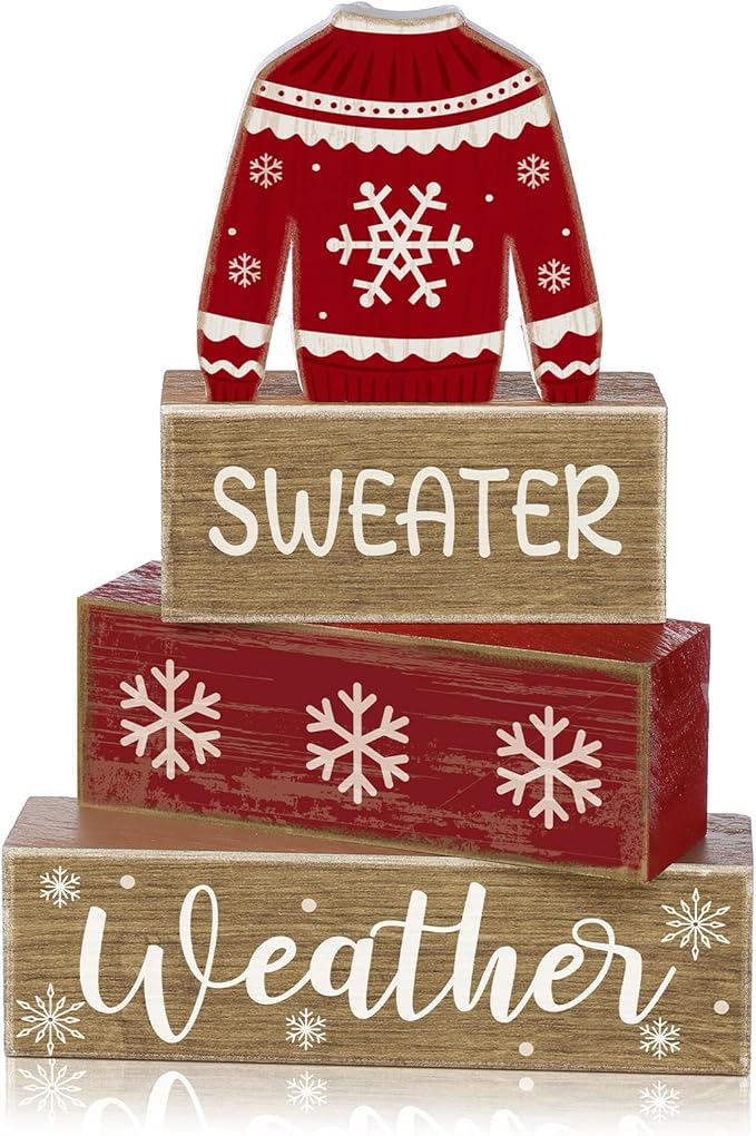 Lineshading 4 Pcs Christmas Table Decorations Ugly Sweater Christmas Decor Winter Tiered Tray Decor Xmas Centerpiece Decorative Ugly Sweater Block Signs Gift Farmhouse Xmas Decoration for Home Kitchen