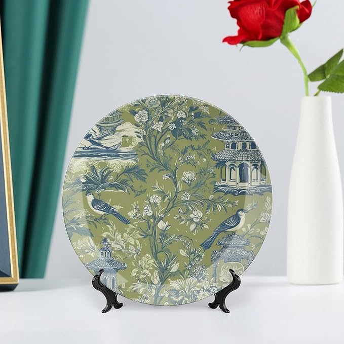 Asian Green Chinoiserie Plates Ceramic of 6", 7", 9", 10", Customize Pagoda Garden Imperial Ceramic Salad Plates, Household Wedding Decorations Festival, 1 Plate with 1 Display Stand