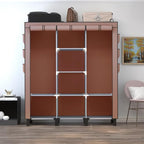 Portable Wardrobe with 10 Storage Racks and 2 Hanging Poles 6 Side Pockets Fleece Cover, Size 130 x 45 x 172 cm, Bedroom Closet Organizer (Coffee)