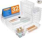 32 PCS Clear Plastic Drawer Organizer Set, 4-Size vanity organizer Trays and Storage Bins for Makeup, Jewelry and Gadgets in Bedroom, Bathroom and Office, Clear