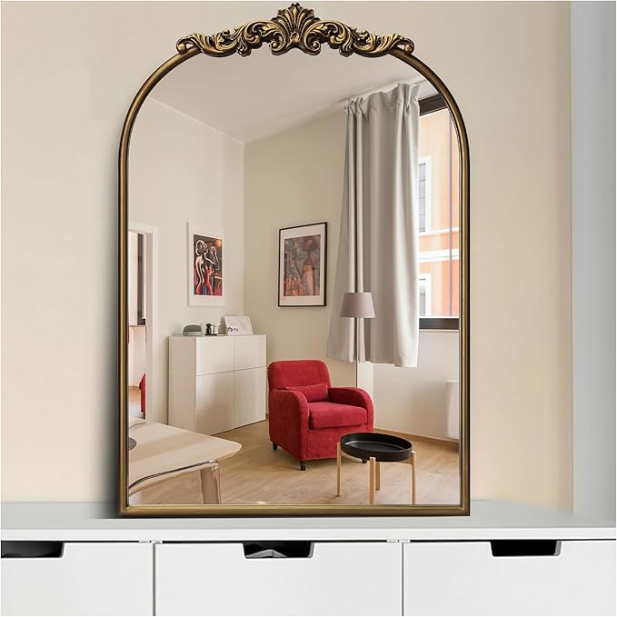 Ornate Baroque Vintage Gold Arched Wall Mirror 19"x27" – Antique Brass Vertical Decorative Mirror with Full Metal Frame, Ideal for Bedroom, Bathroom, Entryway, or Hallway