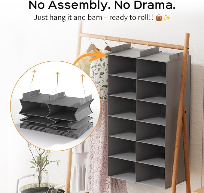 Space-Saving Hanging Closet Storage Organizer – Dual-Row Foldable Shelves with 3 Hooks, 6-Tier Wardrobe Organizer for Dorm, Bedroom, Closet (Grey)