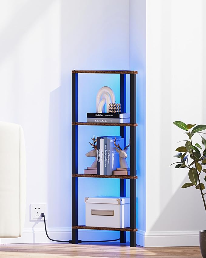 TUTOTAK Corner Shelf, 4-Tier Corner Bookshelf for Small Space, Narrow Display Corner Shelf Stand with Storage Rack, for Living Room, Bedroom, Rustic Brown BS05BB004L
