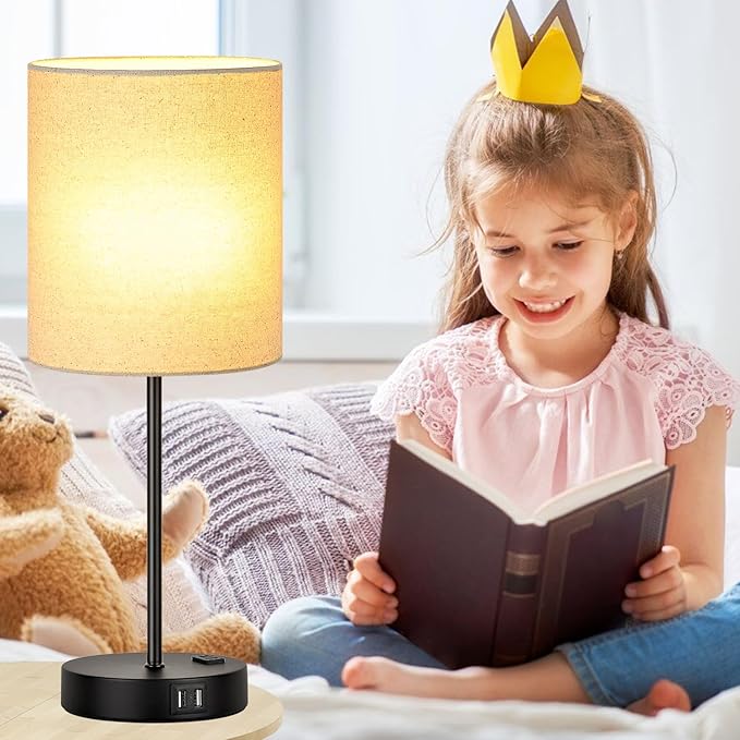 Lynnoland Set of 2 Touch Beige Table Lamps with 2 USB Ports & AC Outlet, 3-Way Dimmable Bedside Nightstand Lamps for Living Room Nursery Office Bedroom, 800 Lumens 2700K Warm Bulbs Included
