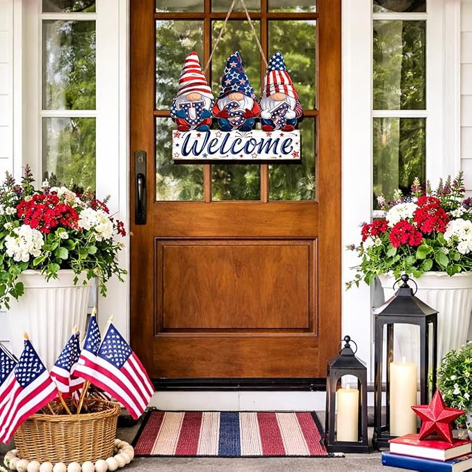 Wooden 4th of July Decorations Patriotic Wreaths for Front Door Independence Day Decorations Star Sign Welcome Memorial Day Hanging for Home Wall Decor Outdoor Indoor Red White and Blue Wreath 9