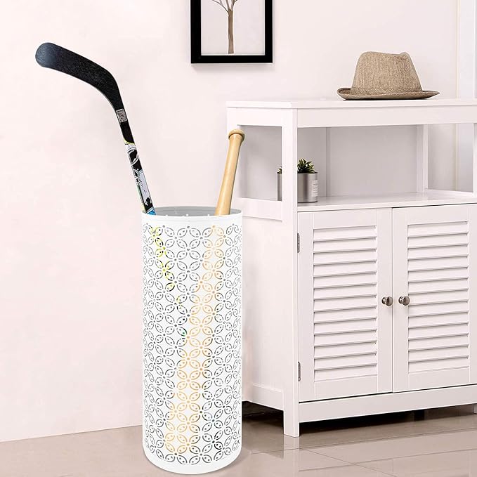 Metal Round Umbrella Stand Rack,Free Standing Umbrella Holder Bin,Canes Walking Sticks Holder for Entryway,Home,Office,White