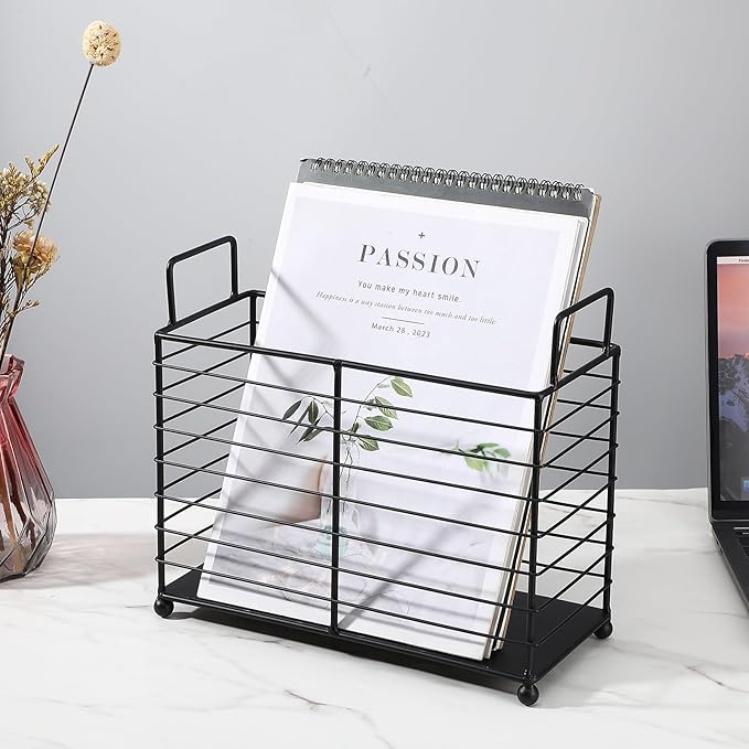 Metal Magazine Holder Rack, Black Iron Wire Storage Basket with Handles for Books, Newspapers, Tablets, Files, Mail Organizer for Home Office Living Room Bedroom