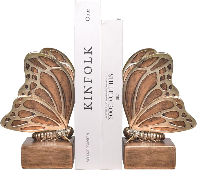 Vintage Brown Butterfly Bookends,Resin Book Ends for Shelves,Heavy Duty Decorative Bookends,Creative Book Stopper Holder Decor for Desk Home Office,Shelf Decoration,Gifts for Mother's Day