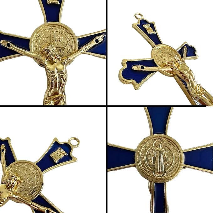 BONITTER Golden St Benedict Crucifix Metal Wall Art, 7.8x4.1 Inch Cross, Blue/White/Black/Red Wall Decor, Saint Benedic Cross for Home Decoration, Catholic Gift (Blue)