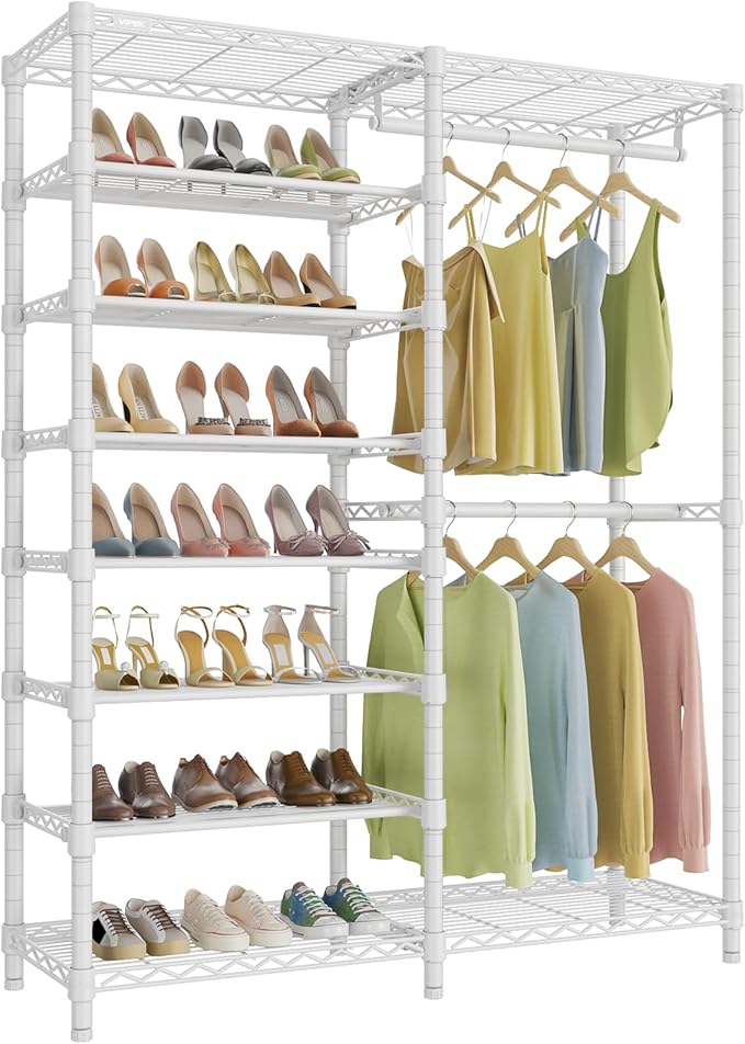 VIPEK S2 Heavy Duty Clothes Rack with Shoe Shelves Freestanding Clothing Rack with 6-Tier Shoe Rack, Double Hanging Rod, Adjustable Shelf, Walk in Closet Organizer Garment Rack, White