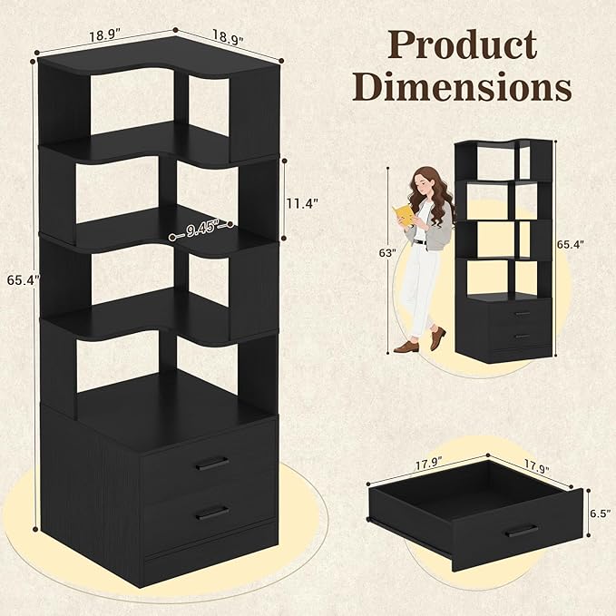Armocity Corner Bookshelf with Drawers, 7 Tier Corner Book Shelf Display Bookcase, Freestanding L Shaped Bookshelf for Bedroom, Living Room, Home Office, Black