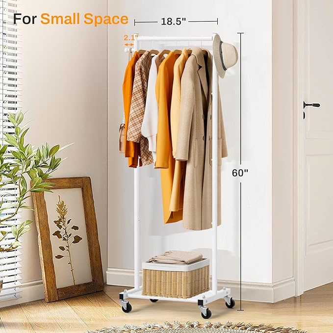MISSLO Small Clothes Racks for Hanging Clothes Clothing Rack with Wheels 60" Garment Rack with Shelves Portable Rolling Wardrobe Rack for Small Space, White