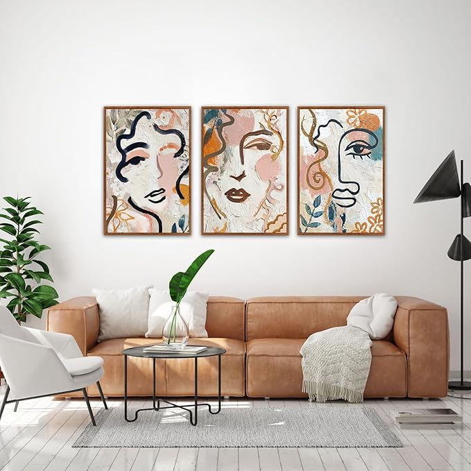 KAlRNE Abstract Woman Wall Art Set of 3(24”X36”),Boho Modern Line Wall Decor,Modern Matisse Framed Canvas Paintings, Floral Graffiti Art Prints For Living Room Bedroom Women Office Decoration