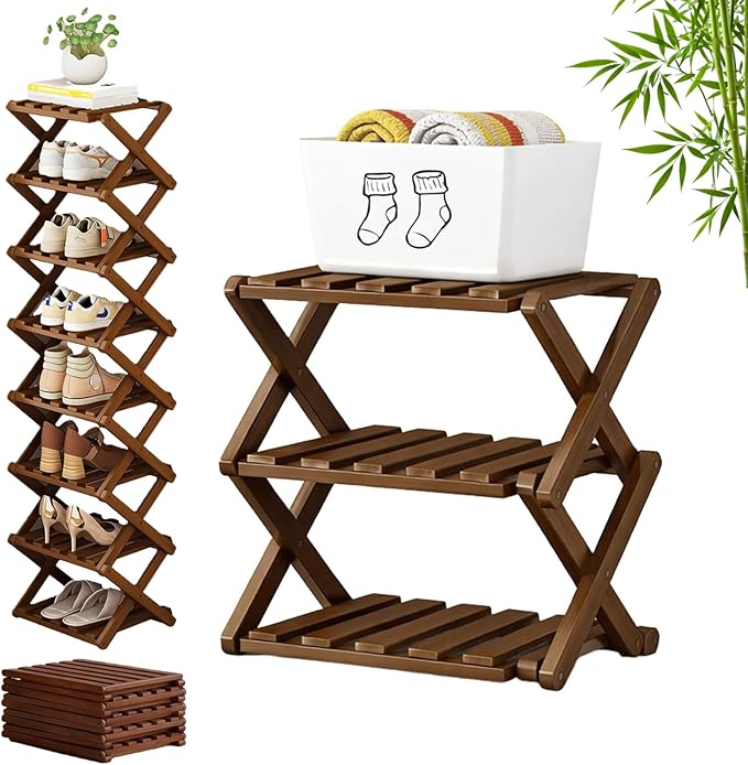 The 9-Tier No-Assembly Bamboo Rack, 3-9 Tiers Bamboo Shoe Rack, Foldable Bamboo Vertical Shoe Organizer, Multifunctional & Space-Saving, For Entryway, Closet, Corner, Bedroom, Hallway (Walnut, 3Tiers)