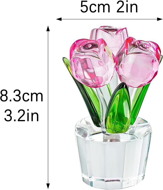 3.2 * 2in Crystal Pink Rose Flower Figurine Romantic Gifts for Wife Girlfriend Mom on Birthday Wedding Home Decorations