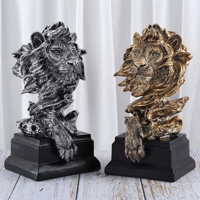 H&W Sandstone Lion Figurines - The King of Beasts - Statue Decoration for Home/Study/Living Room, Great Collectible Figurines, Best Gift for The Man, Silver Color (HH17-D3)