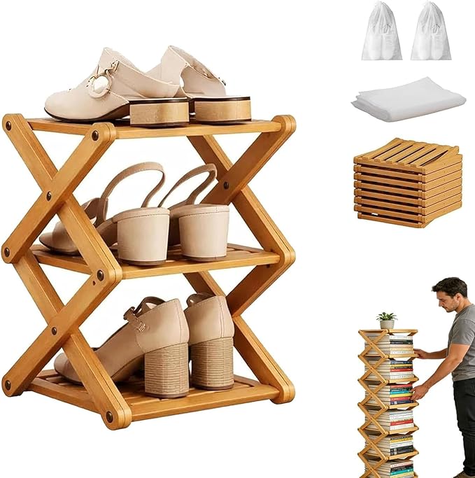 The 3-Tier No-Assembly Bamboo Rack, Bamboo Shoe Rack, Foldable Shoe Rack, Space Saving Collapsible Shelves for Entryway, Closet, Bathroom, Bamboo Shoe Rack, Foldable Shoe Rack (Wood, 3Tier)