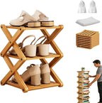 The 3-Tier No-Assembly Bamboo Rack, Bamboo Shoe Rack, Foldable Shoe Rack, Space Saving Collapsible Shelves for Entryway, Closet, Bathroom, Bamboo Shoe Rack, Foldable Shoe Rack (Wood, 3Tier)