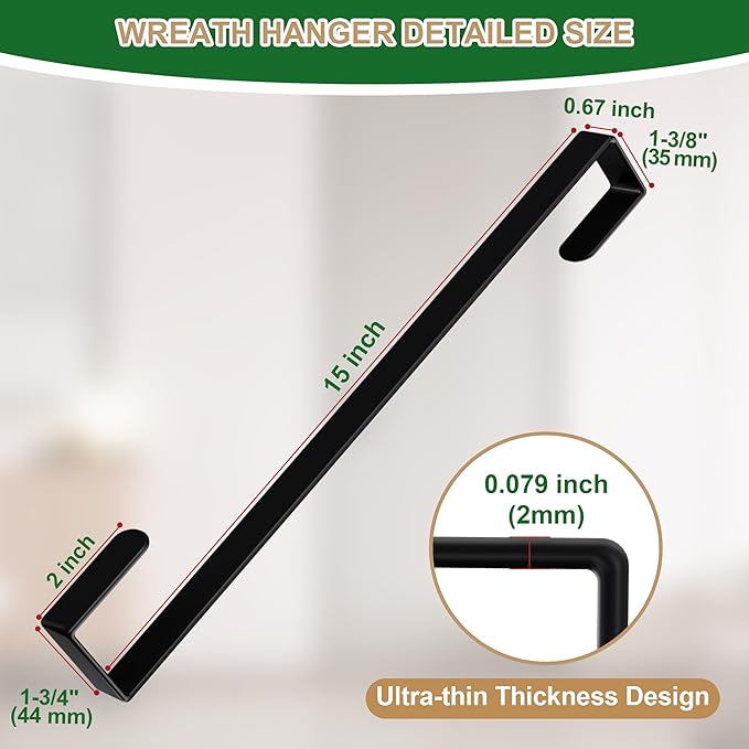 15" Reversible Wreath Hangers for Front Door, Fit Most Doors up to 1-3/4", Heavy Duty Steel Over The Door Hooks Hold up to 80 LBS for Spring & Easter Wreaths, Seasonal Door Decor (Black 2 Pack)