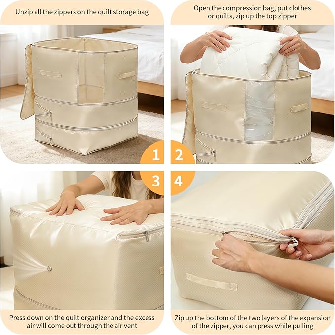 2 Pack Space Saving Comforter Storage Bag with Handle, 3-Layer Compression Blanket Storage Bags Adjustable In 3 Sizes (142L, 107L, 71L), Washable Bedding Organizer For Pillow Duvet Clothing Plush Toy