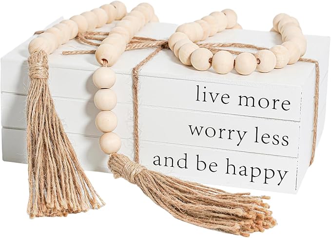 Decorative Books for Home Decor, Wooden Faux Book for Decoration, Farmhouse Stacked Display Books (Live More Worry Less)