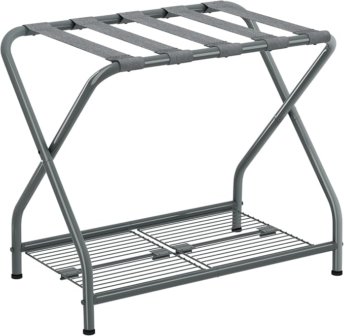 Luggage Rack with Storage Shelf, Foldable Suitcase Stand, Heavy Duty Metal Luggage Holder, 150 lbs Top Capacity, 50 lbs Bottom Shelf, for Guest Room, Bedroom, Hotel LR-GY-1