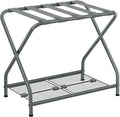 Luggage Rack with Storage Shelf, Foldable Suitcase Stand, Heavy Duty Metal Luggage Holder, 150 lbs Top Capacity, 50 lbs Bottom Shelf, for Guest Room, Bedroom, Hotel LR-GY-1