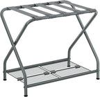 Luggage Rack with Storage Shelf, Foldable Suitcase Stand, Heavy Duty Metal Luggage Holder, 150 lbs Top Capacity, 50 lbs Bottom Shelf, for Guest Room, Bedroom, Hotel LR-GY-1